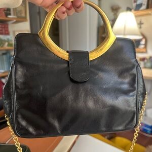 Black Leather Top-Handle Bag with Gold Accent